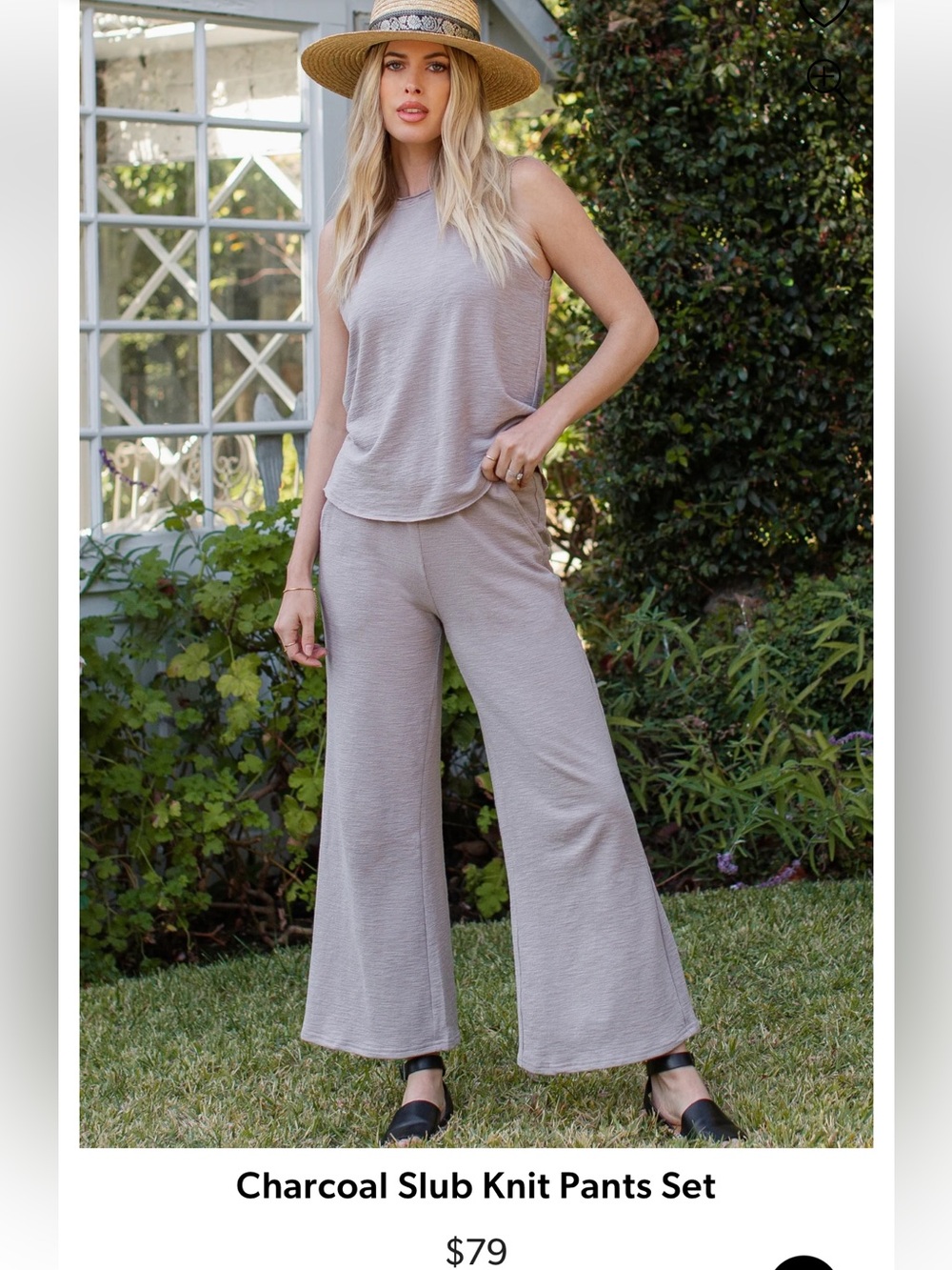 Slub knit matching set in Neutral Greige Textured Tank Top + Wide Leg Pants